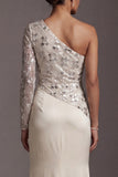 Champagne One Shoulder Sequins Ruched Mermaid Long Mother of the Bride Dress with Slit