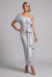 Dusty Blue Bodycon Sequins Floral Long Mother of the Bride Dress with Bow