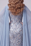 Grey Blue Mermaid Sequins Floral Cape Sleeves Long Pageant Dress with Slit
