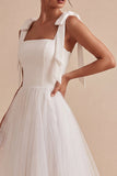 A-Line White Square Neck Midi Tulle Engagement Dress with Bow