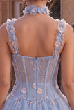 A-Line Blue Sheer Corset Floral Ruffled Bubble Hem Short Homecoming Dress