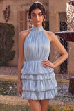 Blue Halter Neck A-Line Tiered Ruffled Short Homecoming Dress with Bubble Hem