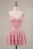 A-Line Pink Tiered Ruffled Sequins Short Homecoming Dress