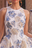 A-Line Ruffled White Plum Flower Jacquard Short Homecoming Dress
