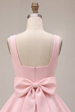 Pink A-Line Ruffled Square Neck Tiered Short Homecoming Dress with Bow