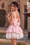 Pink A-Line Ruffled Square Neck Tiered Short Homecoming Dress with Bow