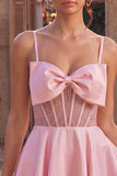 Pink A-Line Ruffled Sheer Corset Beaded Short Homecoming Dress with Bow