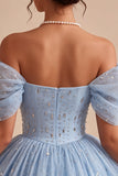 Off the Shoulder Blue A-Line Ruffled Corset Beaded Short Homecoming Dress