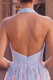 Halter Neck Blue A-Line Ruffled Ruched Floral Short Homecoming Dress