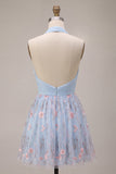 Halter Neck Blue A-Line Ruffled Ruched Floral Short Homecoming Dress