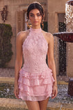 Pink Halter Neck Bodycon Tiered Ruffled Floral Pearls Short Homecoming Dress