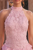 Pink Halter Neck Bodycon Tiered Ruffled Floral Pearls Short Homecoming Dress