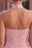 Pink Halter Neck Bodycon Tiered Ruffled Floral Pearls Short Homecoming Dress