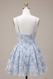 Blue A-Line Floral Embroidery Ruffle Short Homecoming Dress