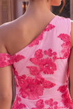 Fuchsia Bodycon One Shoulder Floral Embroidery Short Homecoming Dress