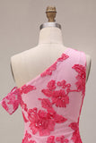 Fuchsia Bodycon One Shoulder Floral Embroidery Short Homecoming Dress