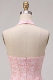 Pink Floral Halter Neck Bodycon Corset Jacquard Short Homecoming Dress