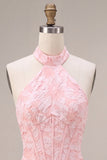 Pink Floral Halter Neck Bodycon Corset Jacquard Short Homecoming Dress