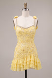 Yellow Bodycon Beaded Ruffled Floral Embroidery Homecoming Dress with Rhinestone Trim