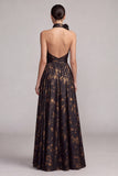 Black A-Line Halter Neck Backless Long Formal Dress with Slit
