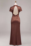 Satin Coffee High Neck Mermaid Long Formal Dress with Short Sleeves
