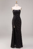 Strapless Sequins Black Mermaid Ruched Long Formal Dress with Slit