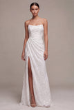 Strapless Sequins Black Mermaid Ruched Long Formal Dress with Slit