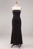 Strapless Black Mermaid Sequins Ruched Maxi Formal Dress
