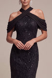 Mermaid Black Sequins Halter Neck Lace Maxi Formal Dress