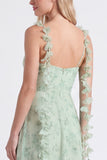 A-Line Sage Chiffon Floral Spaghetti Straps Long Bridesmaid Dress