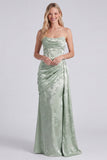 Satin Sage Strapless Ruched Mermaid Floral Long Bridesmaid Dress with Sash