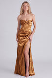 Strapless Sage Floral Corset Mermaid Ruched Long Bridesmaid Dress with Slit