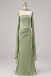 Mermaid Sage Strapless Corset Ruched Long Bridesmaid Dress with Lace Up Back