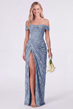 Sage Off the Shoulder Corset Floral Mermaid Ruched Long Bridesmaid Dress with Slit