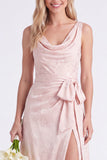 Pink Flower Cowl Neck A-Line Belt Long Bridesmaid Dress with Slit
