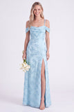 Pink Cold Shoulder Floral Ruched A-Line Lace Up Back Long Bridesmaid Dress with Slit