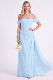 Daffodil Off the Shoulder Chiffon Ruched Long Bridesmaid Dress