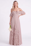 Off the Shoulder Daffodil Chiffon Ruffled Long Bridesmaid Dress