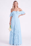 Off the Shoulder Daffodil Chiffon Ruffled Long Bridesmaid Dress