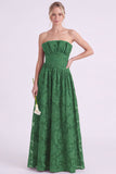 Strapless Espresso A-Line Floral Long Bridesmaid Dress with Ruffles