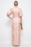 Blush Pink Bodycon Round Neck Floral Puff Sleeves Long Bridesmaid Dress with Slit