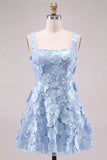 A-Line Square Neck Floral Pink Short Homecoming Dress with Appliques