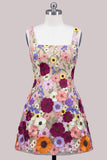 A-Line Square Neck Floral Pink Short Homecoming Dress with Appliques