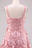 A-Line Square Neck Floral Pink Short Homecoming Dress with Appliques