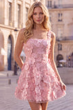 A-Line Square Neck Floral Pink Short Homecoming Dress with Appliques