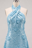 Blue Halter Neck A-Line Floral Short Homecoming Dress with Sequins