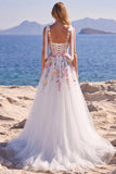Tulle A-Line Floral White Corset Long Wedding Dress with Appliques