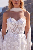 White Tulle A-Line Floral Corset Sweetheart Long Wedding Dress with Appliques