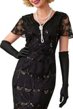 Green Golden V-Neck Short Sheer Sleeves Sequins Bodycon 1920S Dress with Fringe
