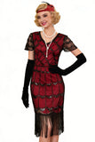 Green Golden V-Neck Short Sheer Sleeves Sequins Bodycon 1920S Dress with Fringe